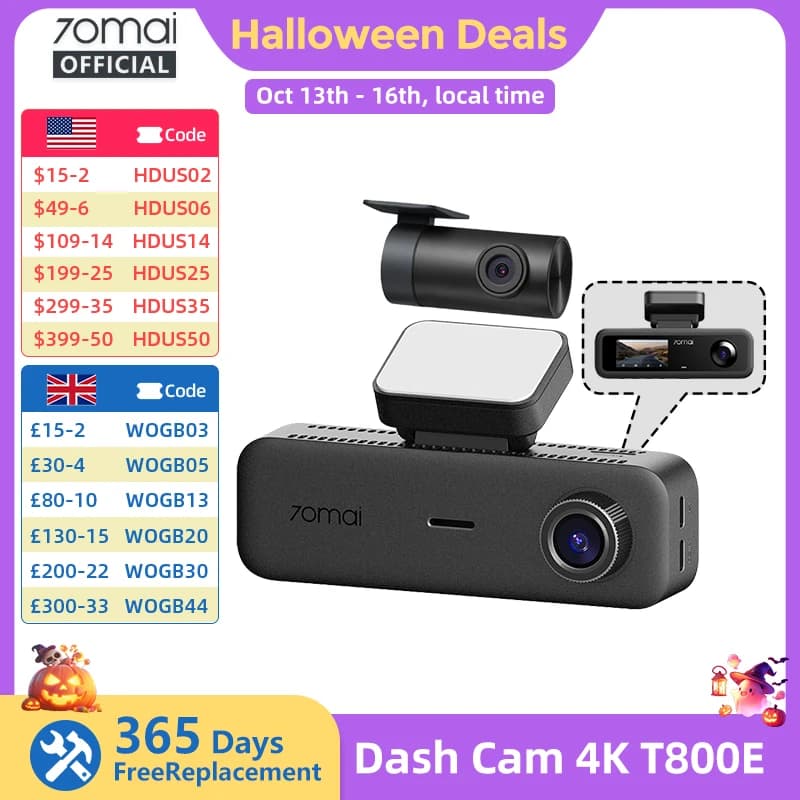 70Mai T800E 3-Channel Dash Cam Front 4K + Rear 1080P + Interior 1080P Hdr Supercapacitor 24H Parking Gps Voice Control Wi-Fi6