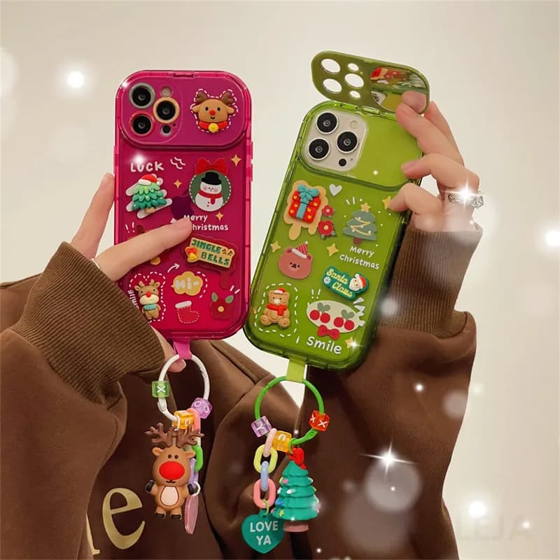 Coque de Noël pour iPhone 15, 14, 13, 12, 11, Pro Max et Pro en silicone avec pendentif en forme de bonnet de Père Noël et d'élan mignon, à rabat