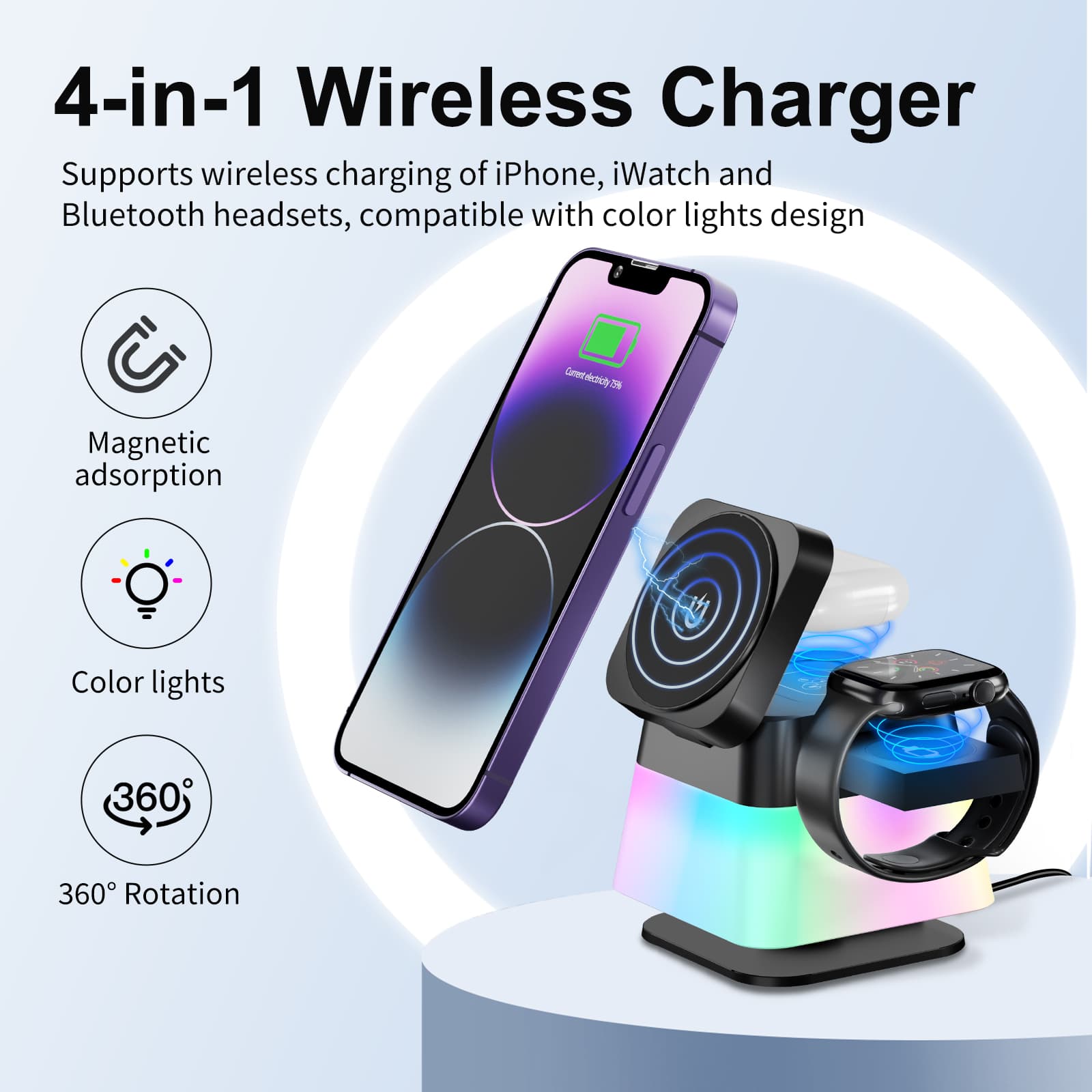 Support de recharge sans fil 4 en 1 avec éclairage coloré rotatif pour iPhone 15, 14, 13, 12 Pro Max, 8 et 7 – Station de recharge rapide magnétique