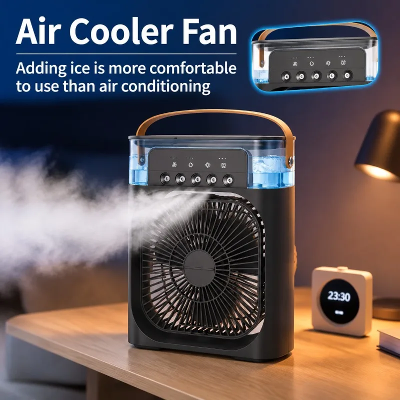 Ventilateur rafraîchissant 3 en 1 : mini-humidificateur portable, veilleuse LED, ventilateur de bureau USB pour le bureau, la maison, la chambre, la résidence universitaire et les voyages