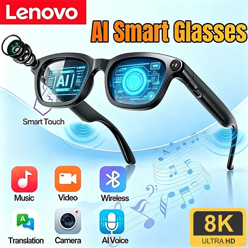 Lunettes intelligentes Lenovo avec caméra 8K HD : lunettes sans fil Bluetooth, IA, appels, traduction et assistant vocal – Lunettes de soleil intelligentes