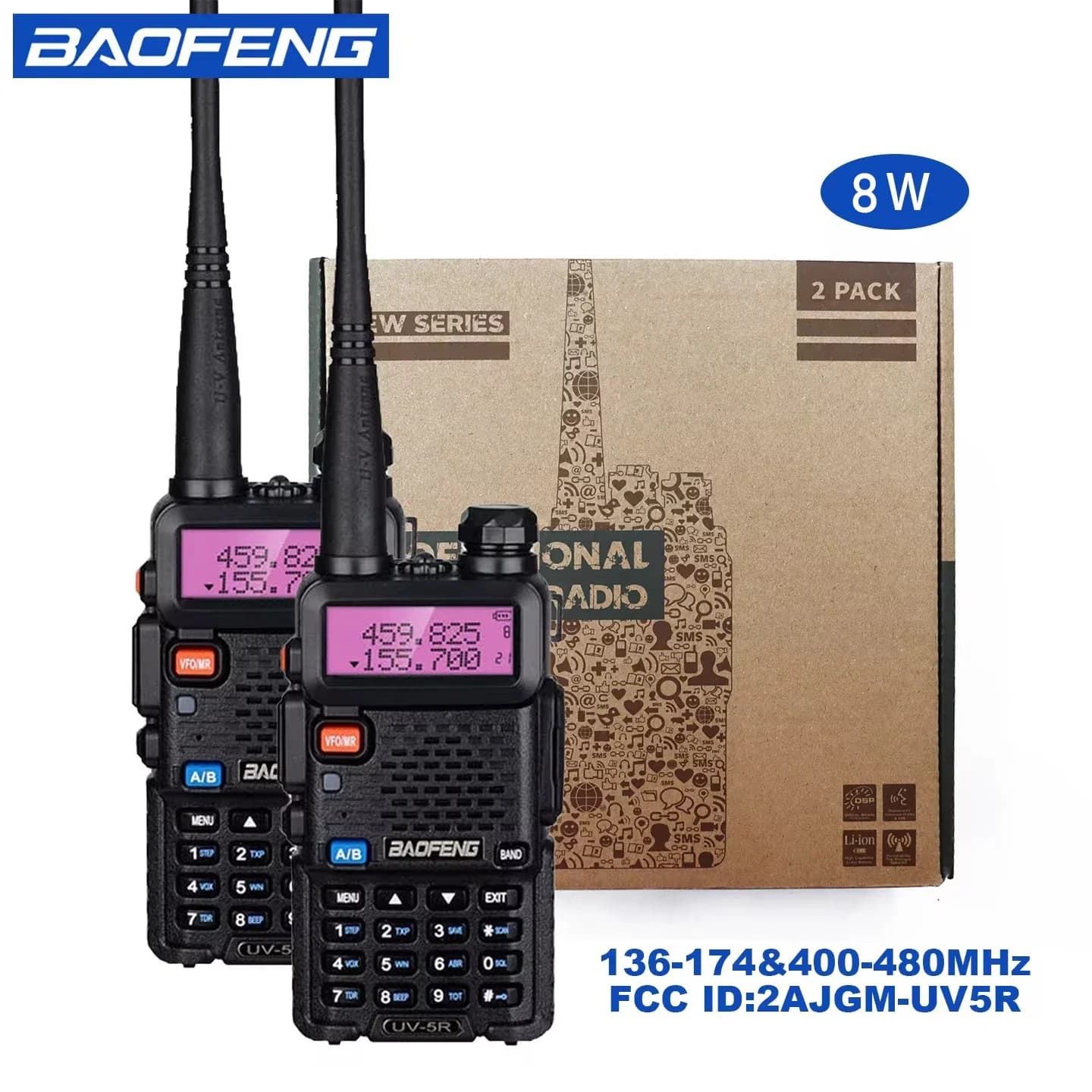 Lot de 2 talkies-walkies portables BAOFENG UV-5R 5 W / 8 W haute puissance, double bande, longue portée, pour la chasse