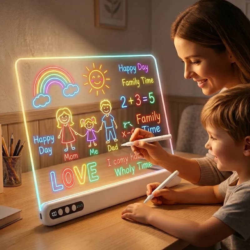 Tableau de dessin LED pour enfants : tableau néon en acrylique rechargeable et lumineux, avec minuterie et support intégré, alimentation par batterie